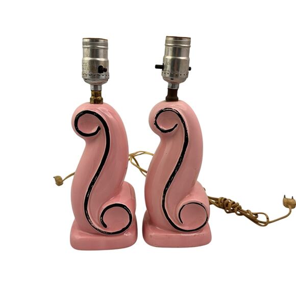 MCM 1950s Pink Swirl Table Lamp abstract design set of 2 - Picture 1 of 6